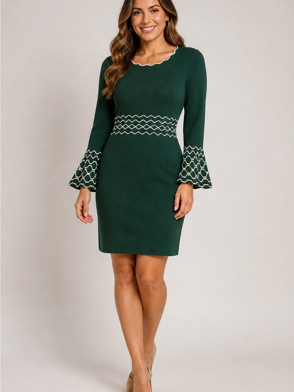 London Times Forest Green Dress with Geometric Trim